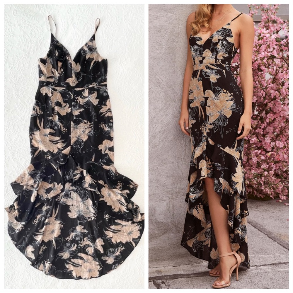 Lulus Darling Daylily Black Floral Print High-Low Maxi Dress